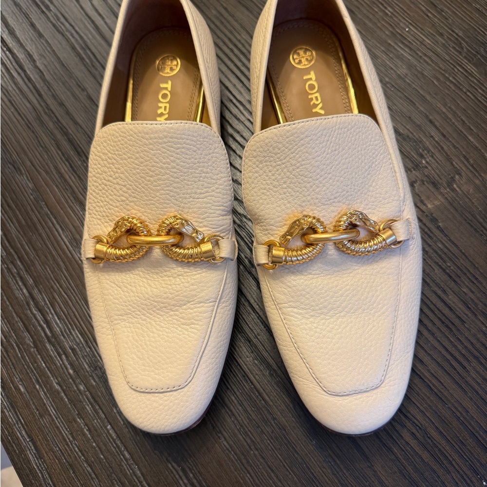 Tory Burch Ivory Loafers with Gold Chain